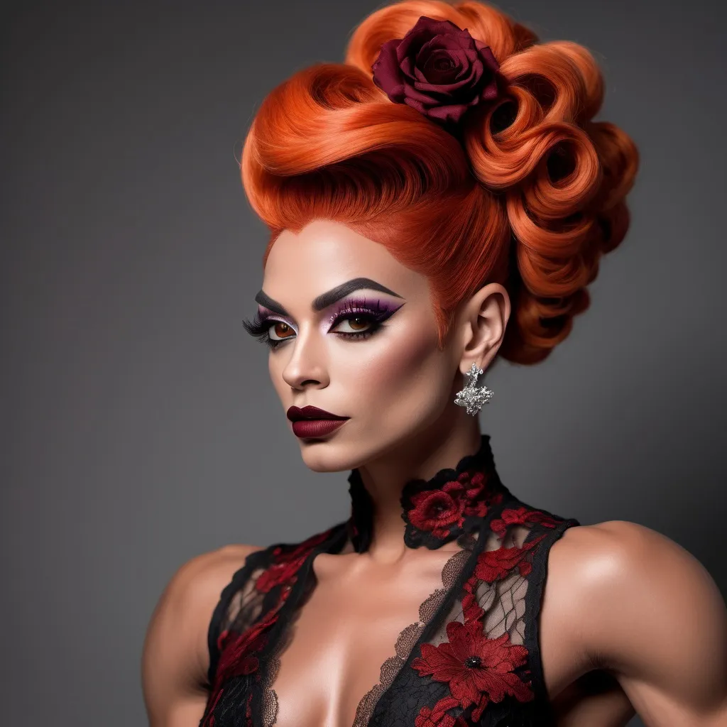 Prompt: Gorgeous ultra-muscular 25-year-old French drag queen bodybuilder with long dark orange updo hair, dark eye makeup, dark lipstick, Elegant full lace dress , flowery lace , crimson , calf length , 8 inch stiletto high heel shoes,  realistic,  full body