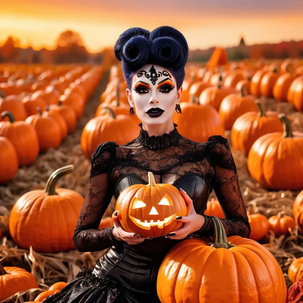 Prompt: If a Jack-o-lantern was a gorgeous 25-year-old drag queen with dark eye makeup,  dark lipstick,  8 inch stiletto high heel shoes.  Pumpkin field.