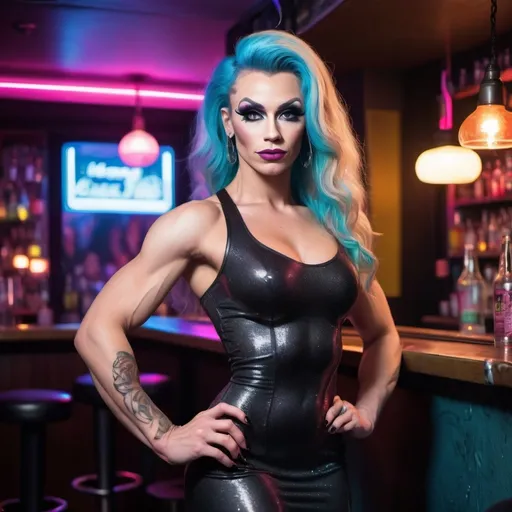 Prompt: A gorgeous 25-year-old grunge drag queen bodybuilder showing off her dress in a bar in Germany, neon lights in the background, wearing black tights, detailed clothing, realistic, natural lighting, full body