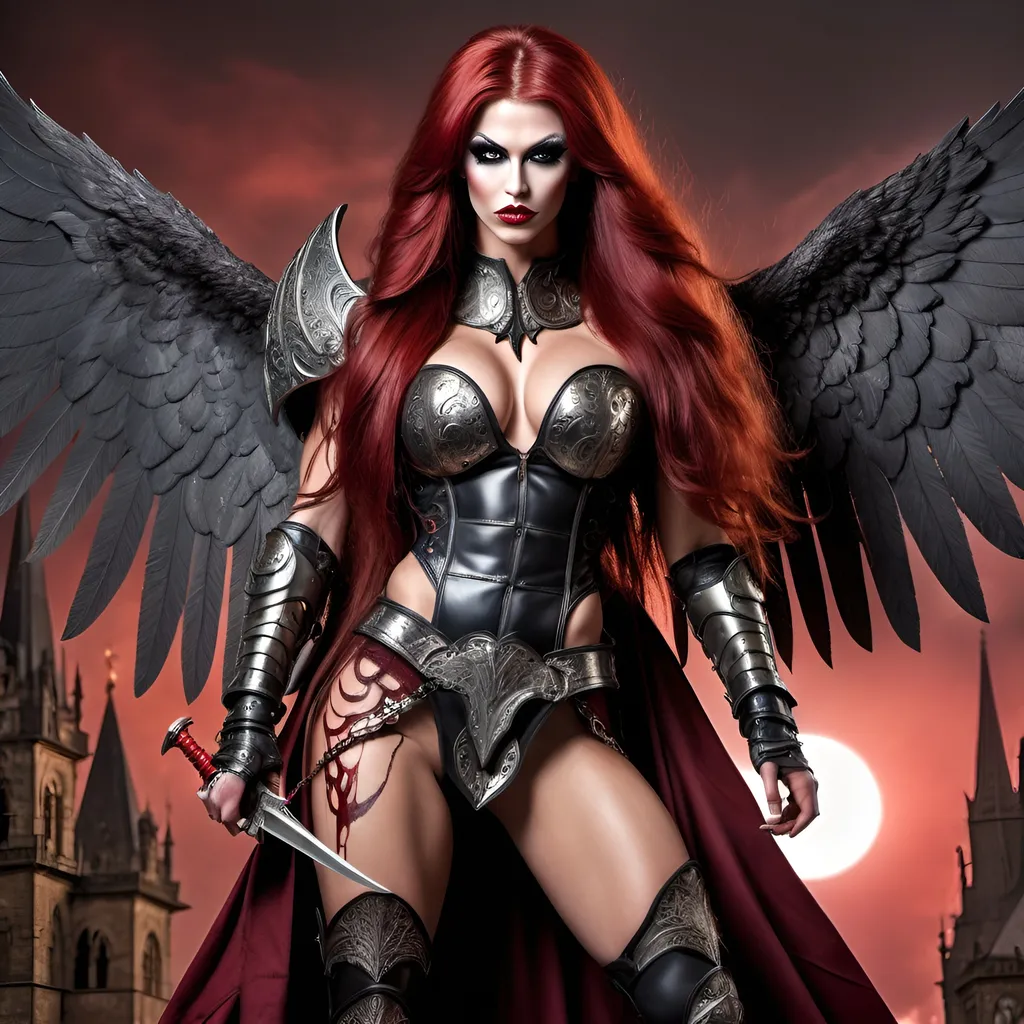 Prompt: Demonic drag queen Angel, gorgeous ultra-muscular 25-year-old Czechian bodybuiler with ridiculously Long dark red Hair, long muscular legs, Demonic Eyes, Angel WIngs, Full Body, Armor, 8 inch stiletto high heel armour boots, Legendary Sword, Holy, Blood, Raven and Moon in Background