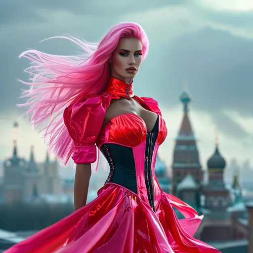 Prompt: Gorgeous ultra-muscular 25-year-old Serbian goddess bodybuilder with ridiculously long straight shiny pink hair (blowing  in  the  wind) in colorful neon pink and black miniskirt, snokey eye shadow, dark mascara, dark red lipstick, highly detailed face, UHD, volumetric lighting, standing on a bluff, distant storm approaching Moscow, futuristic fashion, elegant pose, cityscape, urban, intense gaze, highres, ultra-detailed, glamorous, fashion, atmospheric lighting, modern