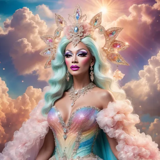 Prompt: The most beautiful caucasian drag queen in Heaven wearing the traditional Heaven dress.