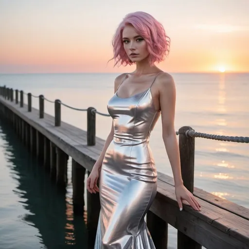 Prompt: a woman with pink hair and a silver dress on a pier near the ocean at sunset or sunrise or sunset, Anna Katharina Block, private press, kai carpenter, a bronze sculpture