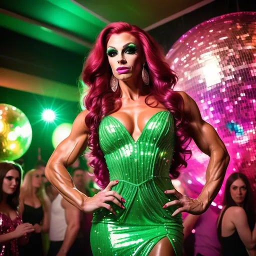 Prompt: Gorgeous ultra-muscular 25-year-old Czechian drag queen bodybuilder with long wavy dark red hair wearing a green and pink prom dress and posing on the dance floor.