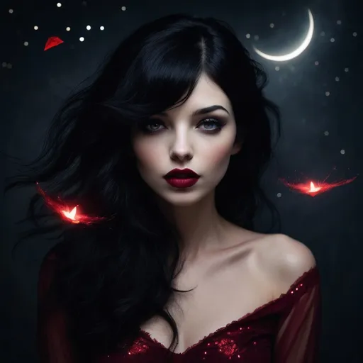 Prompt: Dark black hair and ruby lips, sparks fly from her fingertips. Echoed voices in the night.
She's a restless spirit on an endless flight.