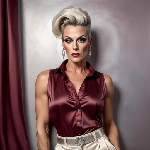 Prompt: oil painting of gorgeous muscular 45-year-old German drag queen with a (salt & pepper bun hairstyle), wearing an (elegant sleeveless maroon button-up blouse) and (off-white fancy pants), strikes a (modeling pose) near a perfectly designed silver aesthetic wall and multicolored curtain, Captured in a (low angle shot), showcasing her (detailed features). 