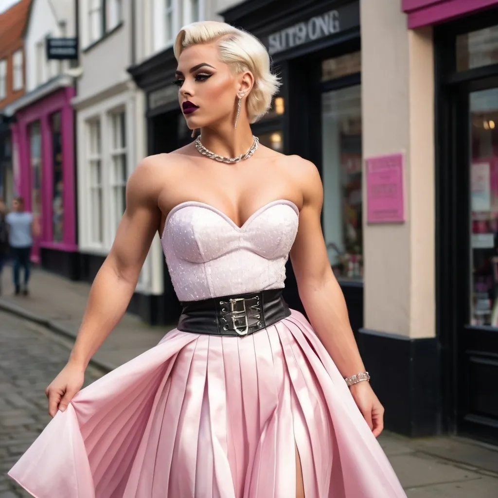 Prompt: A gorgeous muscular 19-year-old Danish drag queen bodybuilder (strong masculine jawline and brow facial features) with big busom, dark eyeshadow, dark lipstick, 
and short blonde hair walking down the high street, pink and whit detailed pleated skirt corset and 8 inch stiletto heels, realistic, natural lighting