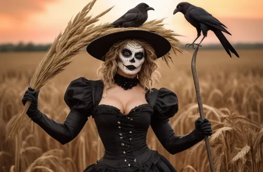 Prompt: (Gorgeous ultra-muscular 35-year-old Italian drag queen bodybuilder Scarecrow), enchanting Scarecrow, full body, dark eye makeup, dark lipstick, with a Crow companion by her side, holding an ornate scythe, surrounded by wheat field and assorted farm items, harmoniously in tune with nature, a luminous crescent moon hanging in the background, warm earthy tones, magical and serene ambiance, ultra-detailed, high quality, ethereal glow.