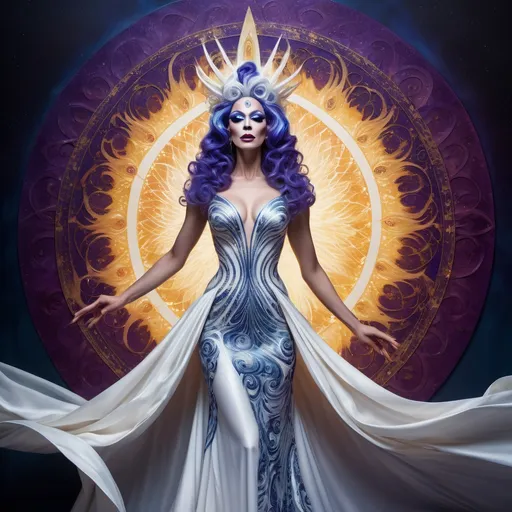 Prompt: Regal drag queen of Chaos, draped in a resplendent white gown with intricate, swirling patterns that shimmer like the sun, set against a backdrop of deep, foreboding blues and purples, evoking a sense of mystique and wonder, with radiant, ethereal light emanating from behind her, casting a halo effect, as if divinity itself had been distilled into her being, her beauty is both captivating and humbling, with delicate, luminous skin and raven tresses that cascade down her back like a waterfall of night, inspired by the dramatic lighting of Caravaggio, the vivid colors of Odilon Redon, and the intricate, symbolic details of H.R. Giger.