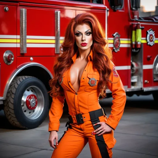 Prompt: Gorgeous muscular 25-year-old Romanian drag queen (with strong masculine jawline and brow) firefighter with ridiculously long flowing dark orange wavy hair, Wearing firefighter uniform with 8 inch stiletto high heel work boots posing in front of the  firehouse at night. 