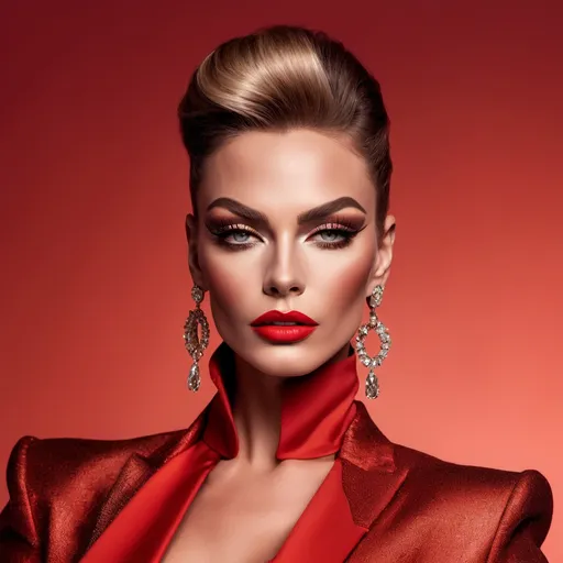 Prompt: A mesmerizing portrait graces the cover of an elite fashion magazine, capturing the essence of high-end sophistication. Set against a sunset-red backdrop, the gorgeous, muscular, Hungarian drag queen (slight masculine jawline and brow features), model exudes confidence and allure, adorned in exquisite fashion garments that epitomize elegance and class. This breathtaking image transcends traditional notions of style, embodying an innovative vision of haute couture that pushes the boundaries of modern aesthetics.