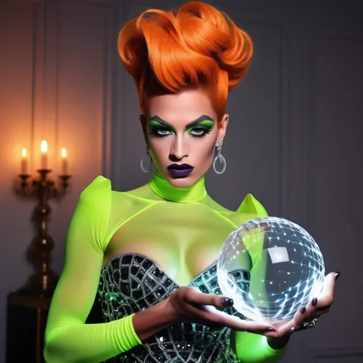 Prompt: a gorgeous muscular 25-year-old French drag queen (with masculine facial features) with dark eyeshadow,  dark lipstick, and orange updo hair, wearing a neon green Coco Chanel dress holding crystal ball filled with lightning, Ayshia Taşkın, private press, hourglass slim figure, a pastel