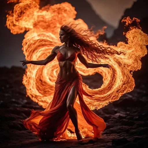 Prompt: very muscular dancing female, dancing on fire, silhouette, lava, long flowing fire gown, huge busom, long wavy fiery hair, long muscular legs, very muscular dancing female, mystical background, 