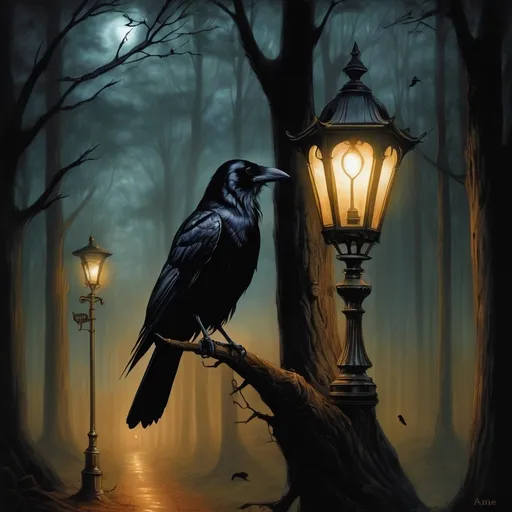 Prompt: a painting of a crow sitting on a tree branch in a forest with a lamp post and a bird perched on a branch, Anne Stokes, gothic art, dark night, digital art