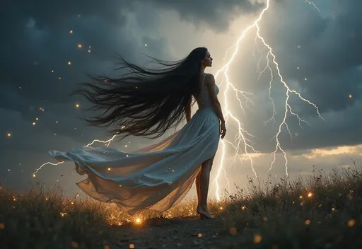 Prompt: HD 4k 3D 8k professional full-body modeling photo hyper realistic beautiful athletically fit goddess enchanted, ethereal greek goddess, ridiculously long platinum black hair (((blowing in the wind))), full body surrounded by ambient glow, lightning, magical, highly detailed, intricate, beautiful superhero style, Storm, outdoor landscape, highly realistic woman, high fantasy background, elegant, mythical, surreal lighting, majestic, goddesslike aura, Annie Leibovitz style 

