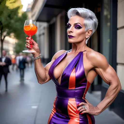 Prompt: A gorgeous muscular 45-year-old French drag queen bodybuilder with short sassy silver hair, dark eyeshadow, and dark lipstick, wearing (Spritz Aperol dress)  a fashionable dress inspired by the vibrant hues of the classic cocktail, (bright red and vivid purple colors), elegant and stylish design, summery vibe, refreshing aesthetic, delicate fabrics that mimic liquid flow, ambient lighting casting warm glows, ultra-detailed, 4K quality, playful and lively atmosphere, ideal for summer outings or gatherings, showcasing a sense of joy and celebration.