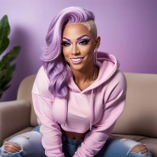 Prompt: A hyper realistic tan flawless 25-year-old drag queen bodybuilder with lavender hair wearing low cut crop top hoodie and jeans sitting on a couch looking happy