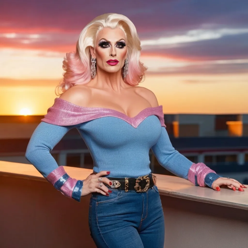 Prompt: Fantastic, flamboyant, very muscular, 35-year-old caucasian drag queen with large busom dressed in jeans and off the shoulder sweater. Hyper-realistic quality. Sunset background. 