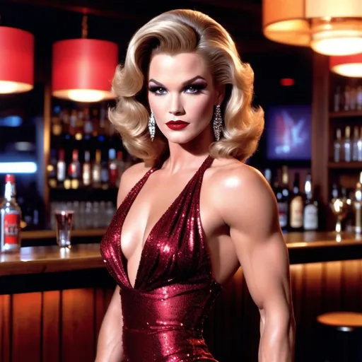 Prompt: If young Kurt Russell was a gorgeous muscular caucasian drag queen (full length photo) with long muscular legs and a very muscular physique. Posing at a bar in a beautiful party dress. Dark eye shadow, heavy mascara, and dark red lip stick.