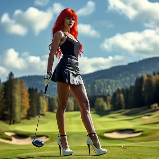 Prompt: a gorgeous ultra-muscular 25-year-old Finnish female goddess bodybuilder with large busom and bright red hair, wearing a golf skirt and cute tank top, 8 inch stiletto high 
heel shoes, smokey eye shadow  and dark red lipstick, holding a golf club and posing for a picture on the golf course with mountains in the background, Evelyn Abelson, superflat, professional, a stock photo