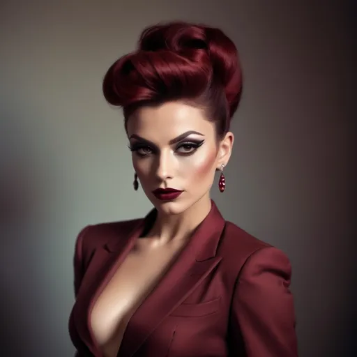 Prompt: photorealistic, (Holga photography), gorgeous ultra-muscular 25-year-old Italian drag queen businesswoman with long dark red updo hair, drak eyeshadow and dark red lipstick,  (haughty expression), (confident pose), full body, low-fidelity dreamy aesthetic, soft light flare, analog photography style, vintage charm, grainy texture, warm tones, stylish attire, evoking authority and elegance, reminiscent of classic business imagery, capturing a moment of confidence, (low quality), ideal for a striking portfolio or profile shot, perfect blend of retro and modern vibes.