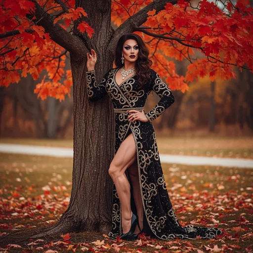 Prompt: Amidst a vibrant tapestry of autumn foliage, a 35-year-old Swedish drag queen with dark eyeshadow, heavy mascara, and dark lipstick, stands gracefully beside a tree, her presence both striking and ethereal. Clad in a flowing black gown adorned with intricate gold embellishments, she exudes elegance and mystique, the dress elegantly parted at the thigh to reveal a hint of skin. Her toned and muscular legs are accentuated by 8 inch stiletto high heels. Her dark, wavy hair cascades over her shoulders, framing a face with a serene expression that invites curiosity and wonder. The rich reds and oranges of the surrounding leaves contrast beautifully with her attire, enhancing the dreamlike quality of the scene, while the soft, diffused light of the day casts a warm glow across the landscape, accentuating the enchanting atmosphere of this autumnal moment..
