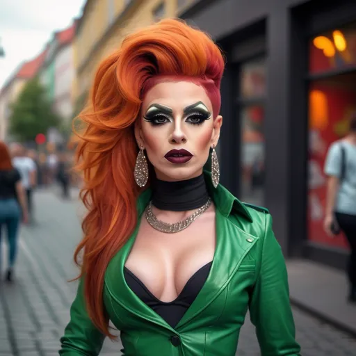 Prompt: single Czechian drag queen, beautiful, street, realistic, Hipster kiyafetleri, Swag kiyafetler, Stil kiyafetler all in green. Heavy mascara,  dark red lipstick,  burnt orange hair. 8 inch stiletto high heel thigh-high boots.