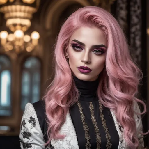 Prompt: (Gorgeous ultra-muscular 25-year-old Syrian bodybuilder) with long stylish pink hair, dark eye makeup and dark lipstick wearing a Dolce&Gabbana inspired design, (luxurious), (fashion-forward), stunning patterns, bold colors, intricate textures, modern elegance, lavish aesthetic, high-end fashion showcase, opulent background, dramatic lighting, (vibrant), chic, glamorous, 4K quality, showcasing iconic elements synonymous with the brand.