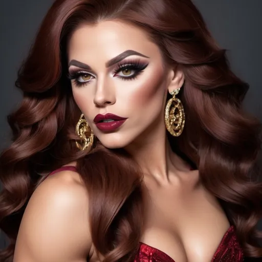 Prompt: Most gorgeous ultra-muscular 25-year-old Polish drag queen bodybuilder with long wavy Mahogany colored hair and huge busom. Dressed in an elegant dress and wearing 8 inch stiletto high heel shoes.  Absolutely flawless face. Dark eye shadow and dark red lipstick. Hoop earrings and gold bracelets. 