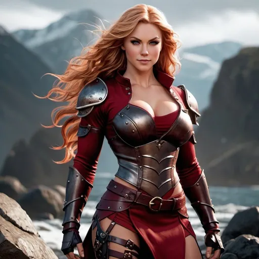 Prompt: Digital Art, gorgeous ultra-muscular 25-year-old viking goddess bodybuilder with huge busom and ridiculously long wavy strawberry-blonde hair, dark red gear, dark red clothes, subtle smile, dark red eyes, a dark red long-sleeve shirt, textured skirt down to knees, dark red pants, dark red armor, 8 inch stiletto high heel boots, dark red gear, unreal engine 64k octane, hdr, 3d lighting, full body, full armor