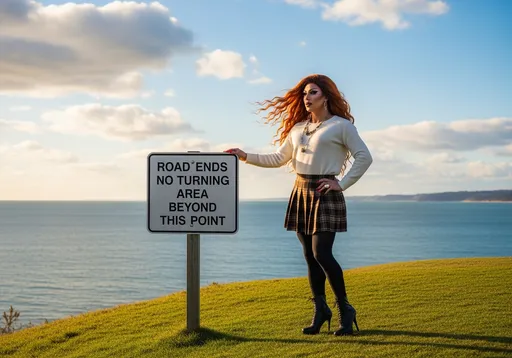 Prompt: Standing on a grassy knoll beside the sea, a muscular 35-year-old Japanese drag queen (with dark eyeshadow, dark red lipstick, dark red manicured fingernails and very long wavy burnt orange hair (blowing in the breeze)) gazes into the distance, framed by a calm coastal backdrop where the water meets the horizon under a partly cloudy sky. She wears a cozy white sweater and a brown plaid skirt, paired with black tights and 7 inch stiletto ankle boots, giving her a stylish yet relaxed appearance. Beside her, a sturdy sign clearly states, "ROAD ENDS - NO TURNING AREA BEYOND THIS POINT," emphasizing the remote and somewhat desolate nature of the location. The soft light of golden hour casts a gentle glow over the scene, reflecting off the water and creating a serene atmosphere that contrasts with the warning of the sign, hinting at a blend of beauty and caution in this quiet coastal retreat.. 