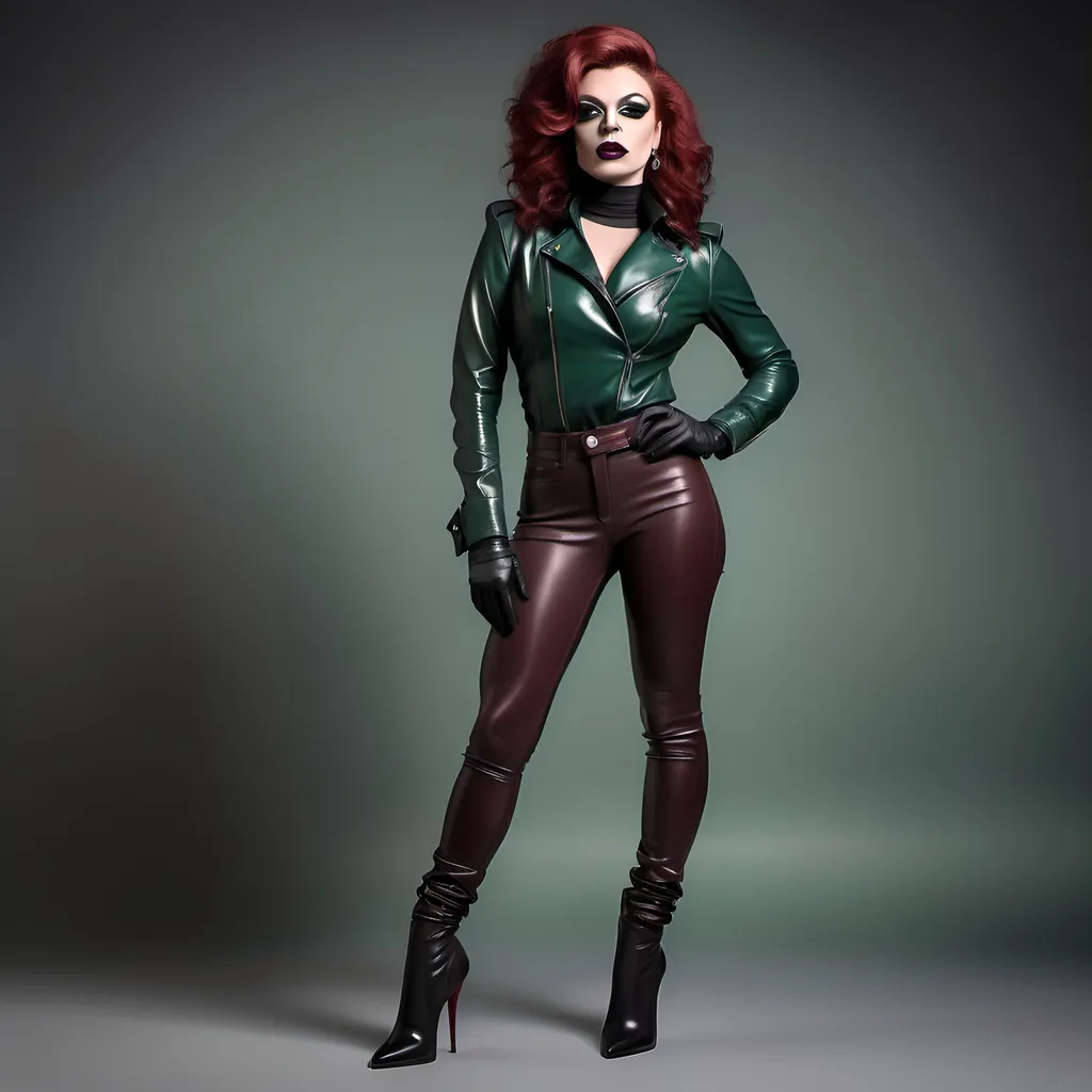 Prompt: Full-length realistic illustration of a confident, gorgeous, muscular 25-year-old French drag queen with stylish dark red hair, wearing tight black leather leggings without pockets  Victorian-style green silk blouse, stiletto boots, leather gloves, leather jacket, detailed fabric texture, strong stance, dark eyeshadow,  dark lipstick, realistic, detailed, full body, confident expression, urban fashion, high quality, detailed, realistic, contemporary art, professional, atmospheric lighting