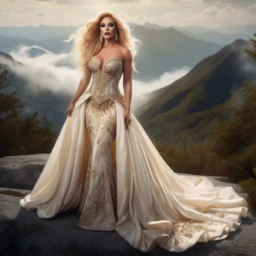 Prompt: (A full body image)A gorgeous muscular 35-year-old French drag queen bodybuilder (big busom, dark eyeshadow, dark lipstick, long flowing golden blonde hair) wearing an ivory wedding gown on the top of an high mountain. surreal  with mist
Dreamy, mythical, fairyland-like, soft and romantic
Splash art, hyper detailed, ultra realistic, highly detailed. Perfect studio lighting, perfect shading, impeccable contrast, HDR, UHD, high res, 64k