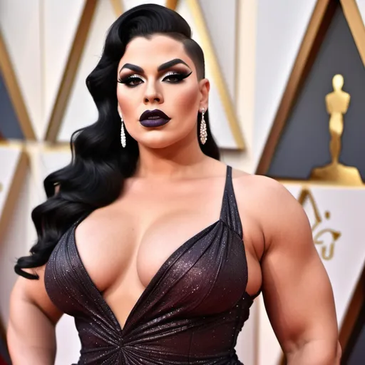 Prompt: Gorgeous thicc muscular 25-year-old Slovenian drag queen (very strong masculine jawline and brow features) with large busom wearing a beautiful stylish multi-fabric gown with long train, 8 inch stiletto high heel shoes.  Dark eyeshadow and dark lipstick. Walking the red carpet at the Oscars.