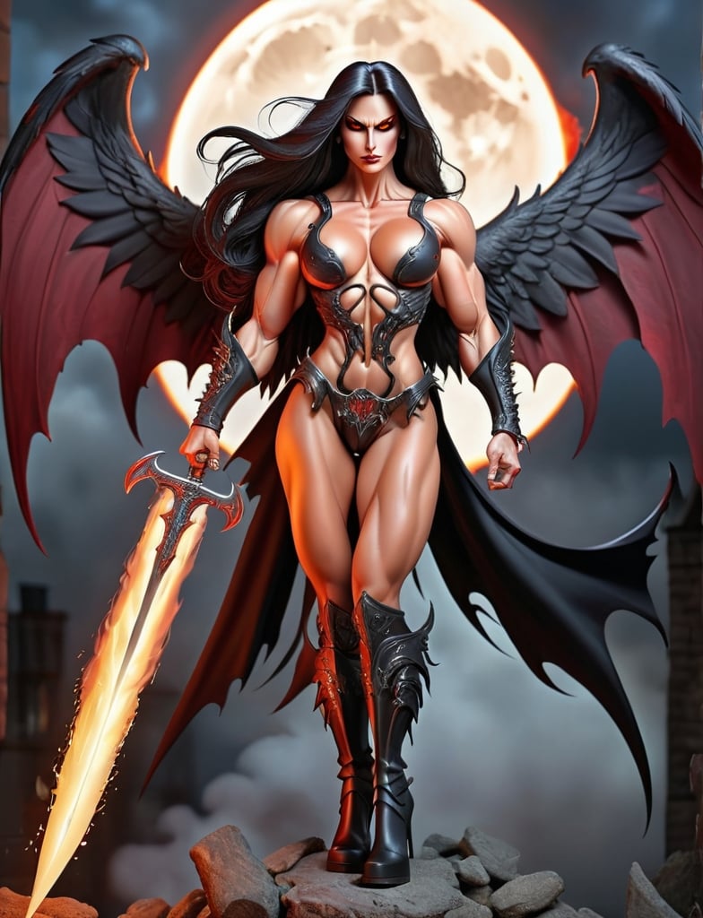 Prompt: Demonic Angel, muscular very masculine manly 55 year old female bodybuiler, buxom busom, Long dark Hair, long muscular legs, Demonic Eyes, Flaming Angel WIngs, Full Body, Armor, 8 inch stiletto high heel 
armour boots, Legendary Flaming Sword, Holy, Blood, Vampire, Raven and Moon in Background, hyper-realistic, hyper-detailed 