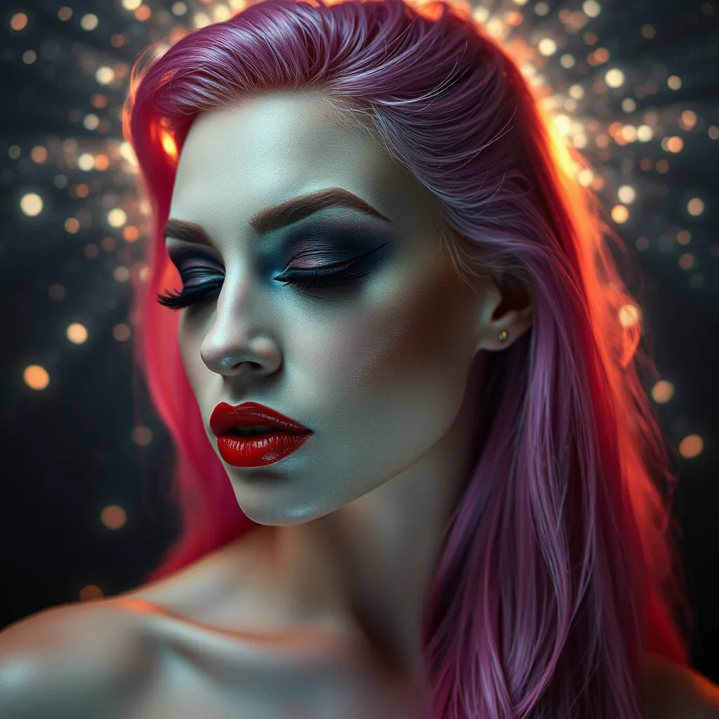 Prompt: (photorealistic painting), a gorgeous ultra-muscular 25-year-old Romanian drag queen with long pink hair, with her eyes closed, dark smokey eyeshadow and dark red ipstick, (glowing ethereal aura) behind her face and body, intricate (particles of light), inspired by Elsa Bleda's style, atmospheric and dreamy ambiance, soft and mystical lighting, high contrast between the glowing backdrop and her facial features, ultra-detailed, highly immersive, captivating and tranquil.