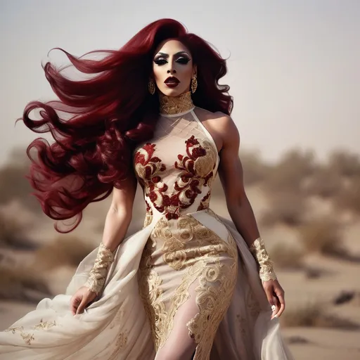 Prompt: Gorgeous ultra-muscular 25-year-old Saudi Arabian drag queen bodybuilder with ridiculously long wavy dark red hair (((blowing in the wind))). Dark smoky eyeshadow and dark red lipstick. Covered turtle neck, Intricate floral gold embroidery, lace see through mesh chiffon fabric, very flowy, Full length image, bronze white embroidery dress ,posing,captured with soft focus and muted colors typical of early film photography, caftan Moroccan dress, tight fitted mermaid, ruffles