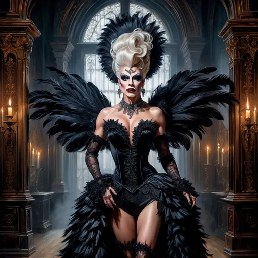 Prompt: High-quality oil painting of a muscular drag queen  wearing a striking costume , heading toward an gothic themed party, dark velvet curtain around, hauntingly beautiful dim candlelight, intricate details in the costume like feathers and ruffles, a mysterious ambiance all around, ultra-detailed, rich colors with deep contrasts, showcasing her confident stride against a backdrop of ornate gothic architecture.