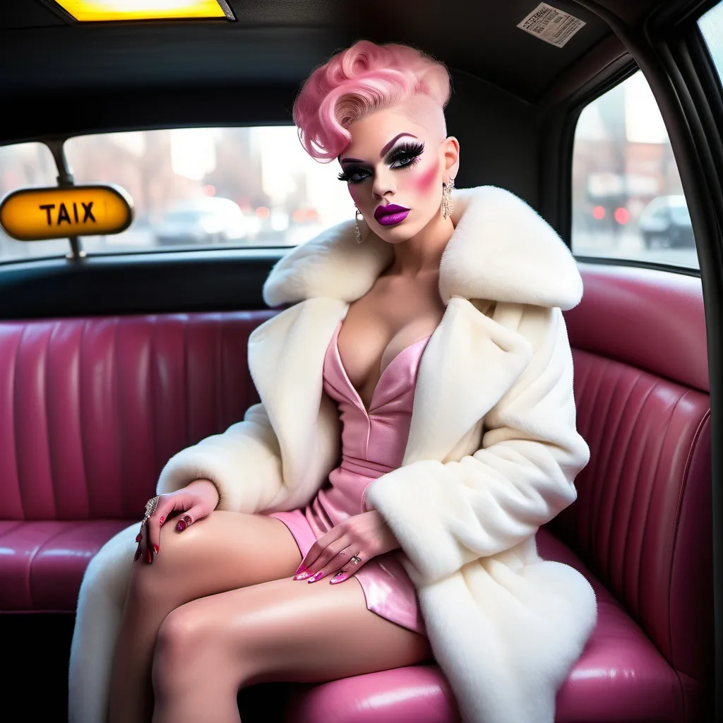 Prompt: Full body portrait of an affluent, elegant, sophisticated, muscular, masculine 21-year-old society drag queen, pink updo hair, oversized botox lips, white mink fur coat, 8 inch high heel shoes, sitting in the back of a taxi, drunk. Very detailed, HD.