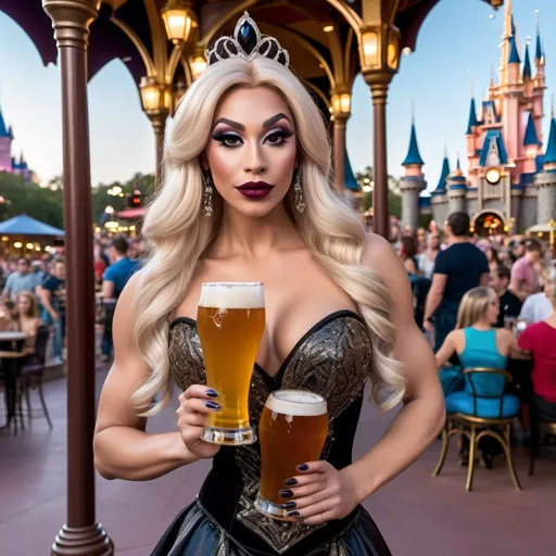 Prompt: Gorgeous ultra-muscular 25-year-old Swedish drag queen Jasmine (Disney princess) with 8 inch stiletto high heel shoes, dark mascara, eyeshadow and dark red lipstick, standing in Disney World holding a beer and flirting with guests at night