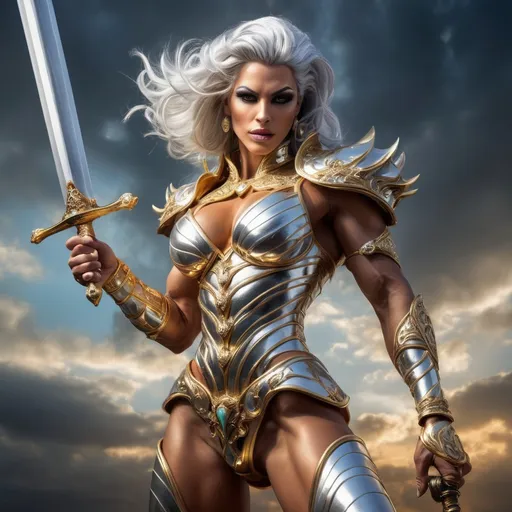 Prompt: (A gorgeous muscular 35-year-old French drag queen bodybuilder with silver hair in a golden outfit holding a sword), (dramatic sky background), epic fantasy character, dynamic pose, vibrant colors, intricately detailed armor, highlights reflecting gold, ethereal mood, captivating expression, fantasy elements, masterpiece digital rendering, rich textures, high quality, (Anne Stokes style).