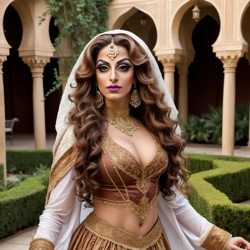 Prompt: A realistic photograph of A gorgeous  muscular  25-year-old  Arabic drag queen  dressed up as a 17 century Islamic Mughal court dancer Laila with long curly brown hair wearing dupatta in the courtyard garden  