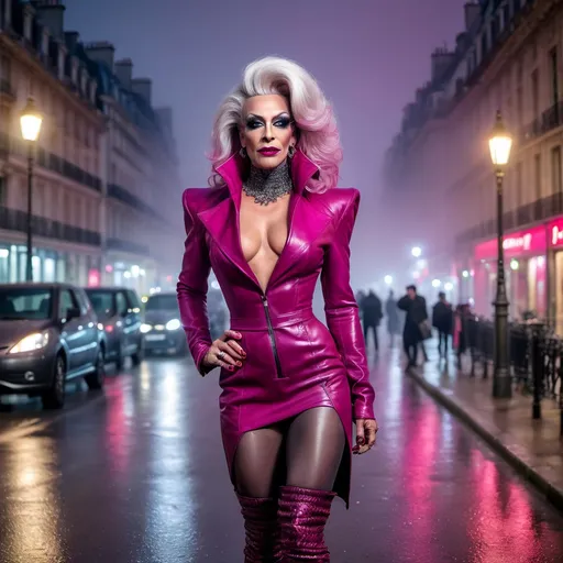 Prompt: Mysterious, Tall, gorgeous, muscular, 45-year-old French drag queen with salt & pepper stylish hair, dark eyeshadow,  and dark red lipstick, wearing a beautiful magenta outfit and 8 inch stiletto red thigh-high stiletto high heel boots, walking the streets of Paris on a foggy evening.