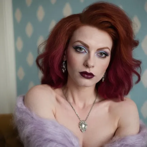 Prompt: Gorgeous muscular 35-year-old red-headed French drag queen in a modern home, against a wall with wallpaper and furniture background
wearing long cable knitted angora mohair sweater , (extremely fluffy:1.8) angora mohair sweater, from side, looking at viewer, smile, (full lips:1.8), dark red lipstick, daek eyeliner, dark makeup, 8k, very detailed, green eyes, very detailed eyes,
source_real, raw, photo, amateur, french drag queen, Close-Set Eyes, [eyecolors violet], full lips, high cheekbones, weak receding chin, burgundy, lob, light blue, lip gloss, __15JeweleryMaterials__ __14Piercing__, large busom,  gorgerous, outdoor, portrait, , highly detailed, detailed skin, depth of field, film grain
(photorealistic) (bokeh) (intricate details) (cinematic lighting) (sharp focus)
