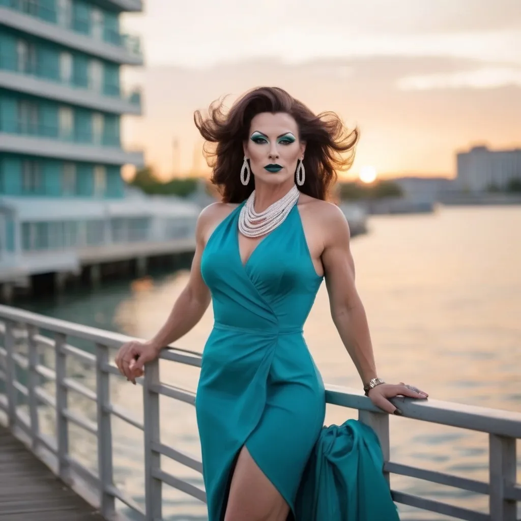 Prompt: Here's a prompt:

"Generate an image of a stylish and confident 35-year-old Hungarian drag queen bodybuilder wearing a cute teal and white long flowing sundress. Face has strong masculine jawline and brow. Dark eyeshadow and dark lipstick. Large busom. Short dark read hairstyle. 

Outfit:

- Sundress: light and long, flowing teal and white stripes
- Shoes: White stiletto heels
- Accessories: Minimalist jewelry, such as a simple watch and hoop earrings

Pose:

- Standing carefree and confident 
- Slightly angle the body, showcasing the outfit's silhouette
- Gaze directly at the camera with a subtle smile

Background:

- boardwalk at sunset

Style:

- Modern, sophisticated, and effortlessly chic
- Emphasize the harmony of teal and white hues
- Capture the individual's poise and confidence

Generate a high-quality image showcasing the perfect blend of style, elegance, and modern flair."