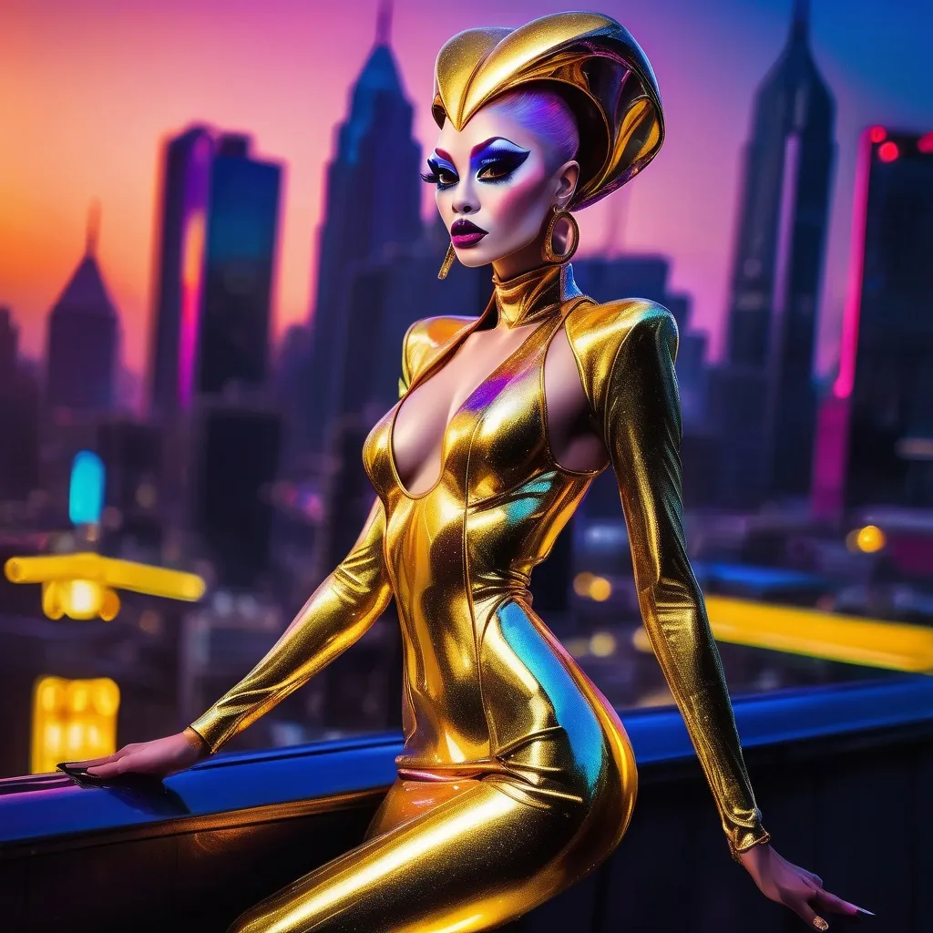 Prompt: Gorgeous alien drag queen wearing golden robes and 8 inch stiletto high heels. Posing with a futuristic city background.