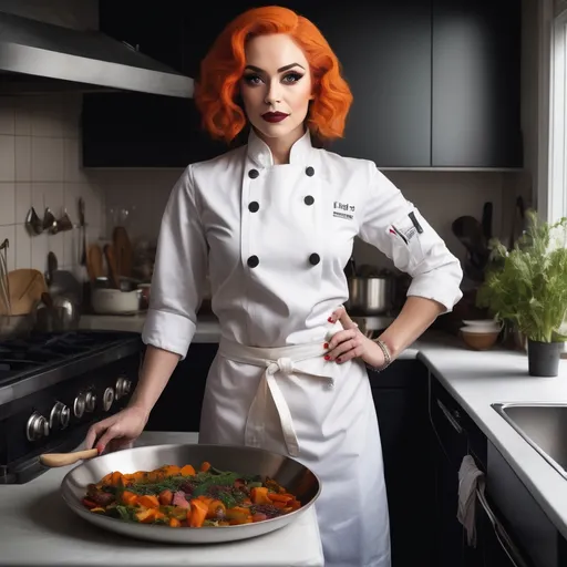 Prompt: The portrait should capture a confident gorgeous muscular 25-year-old Norwegian drag queen chef, standing in a stylish, modern kitchen. She’s wearing a crisp white chef's jacket with neatly rolled sleeves, and an apron tied around her waist. Her face has a warm, friendly expression, with eyes that show both passion and focus. Her short, dark orange hair is well-groomed. She has on dark eyeshadow and dark red lipstick.

In one hand, she’s holding a wooden spoon, stirring a pot on the stove, and in the other, she’s holding a small plate with artfully arranged food. The kitchen behind she is sleek, with stainless steel counters, pots hanging on the walls, and fresh ingredients like herbs and vegetables neatly arranged. The colors are vibrant yet natural, giving a sense of liveliness and freshness, with subtle hints of warm sunlight streaming in through a nearby window.

Overall, the mood is a blend of professional mastery and down-to-earth charm, conveying a chef who loves her craft and connects with her food and environment.