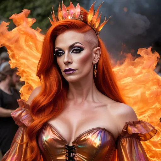 Prompt: Gorgeous muscular 35-year-old British drag queen (strong masculine  jawline and brow features) with burnt orange hair wearing a fire fairy Renaissance fair outfit, gauzy and iridescent fabric, iridescent billowing layered gypsy dress and cinched corset, flowy sleeves, shiny translucent iridescent red orange yellow
