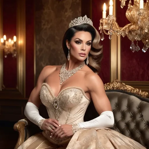 Prompt: Gorgeous muscular 35-year-old Victorian princess drag queen bodybuilder (masculine jawline and brow facial features), big busom, elegantly dressed in a lavish gown with intricate lace details, holding a delicate fan, exquisitely adorned with jewels, soft golden candlelight illuminating her surroundings, a luxurious opulent ballroom background, romantic and enchanting ambiance, intricate wallpaper patterns, vintage decor elements, high detail, 4K resolution, soft warm tones, evoking a sense of timeless beauty and royal grace.