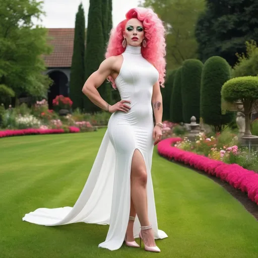 Prompt: a gorgeous 28-year-old Belgian drag queen bodybuilder in a long white Empire Dress with a high neck line and 8 inch high heel shoes, standing on the green grass, a beautiful expressive face, curly pink hair,  full-length, in an amazingly beautiful garden,  exactly beautiful photo  , highly photo, full-length photo, 64k hi-res digital realistic photography.